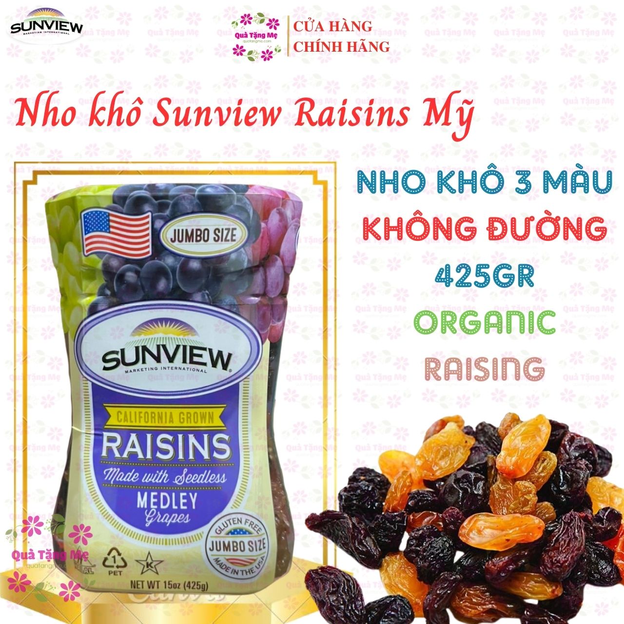 Nho khô Sunview Raisins Mỹ không hạt 3 màu giàu Vitamin khoáng chất, tốt cho tim mạch (425g/hộp) - QuaTangMe Extaste