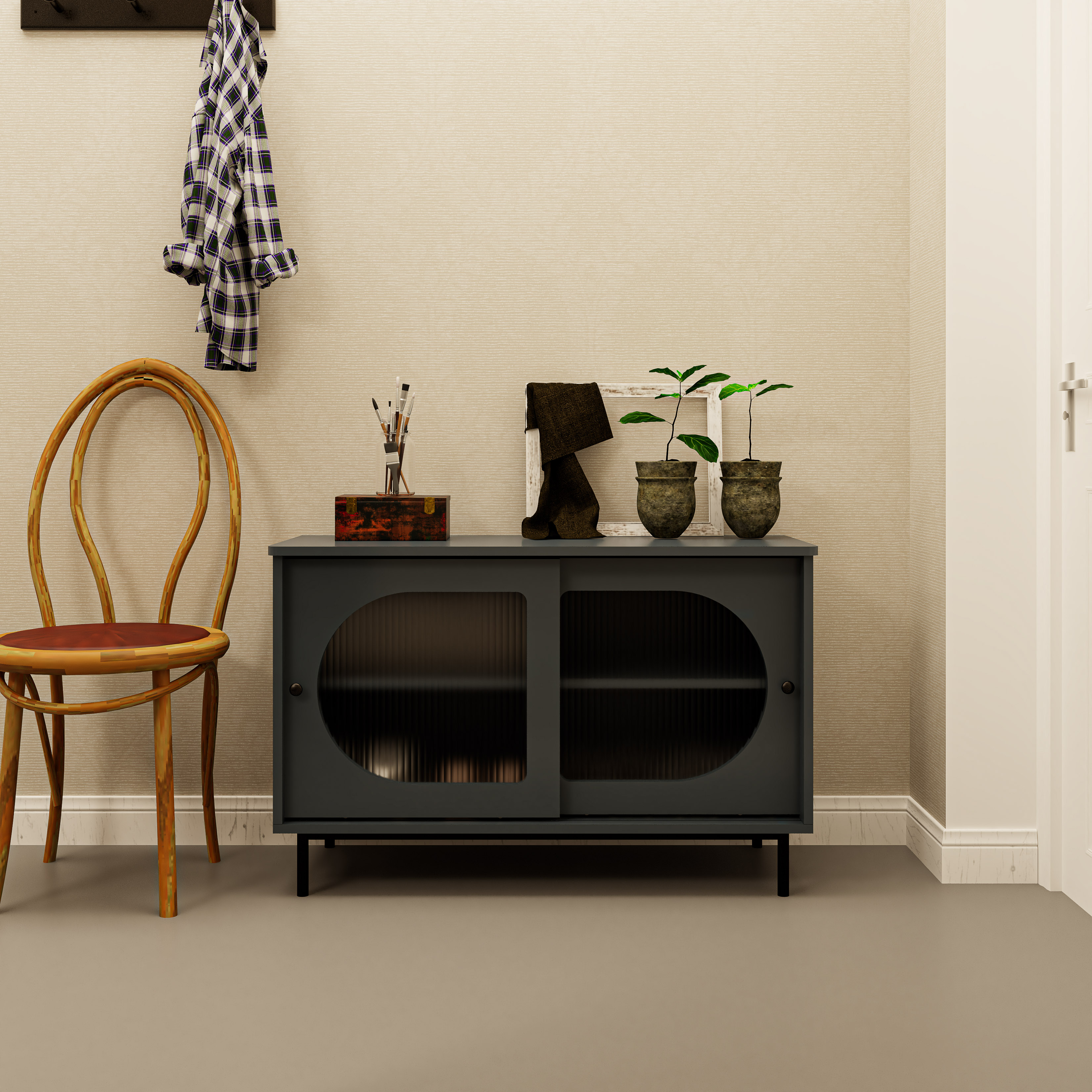 [Happy Home Furniture] SISEEL, Tủ lưu trữ cửa kính 2 cửa lùa - Chân sắt, 100cm x 40cm x 64cm ( DxRxC), TCL_038