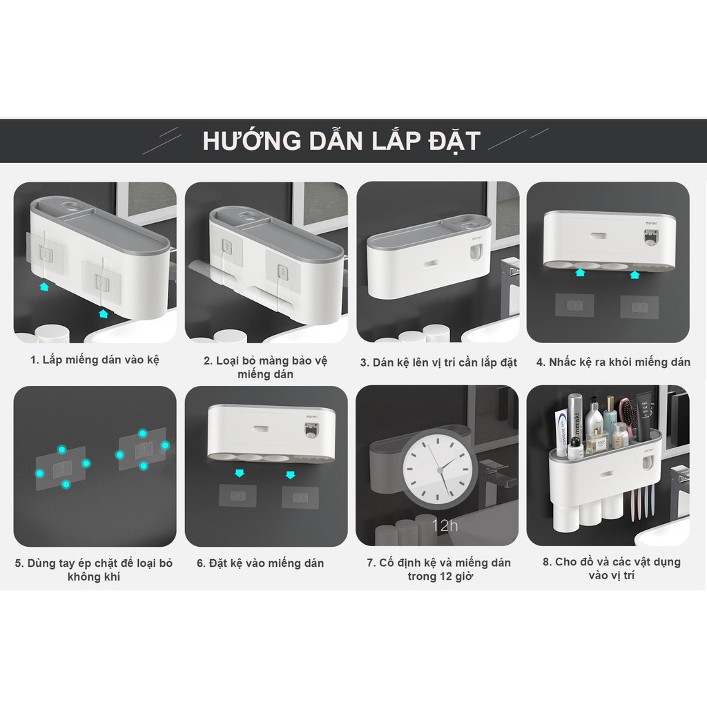 Bộ Nhả Kem Đánh Răng Tự Động, Kệ Để Cốc và Bàn Chải Phòng Tắm Dán Tường Cao Cấp