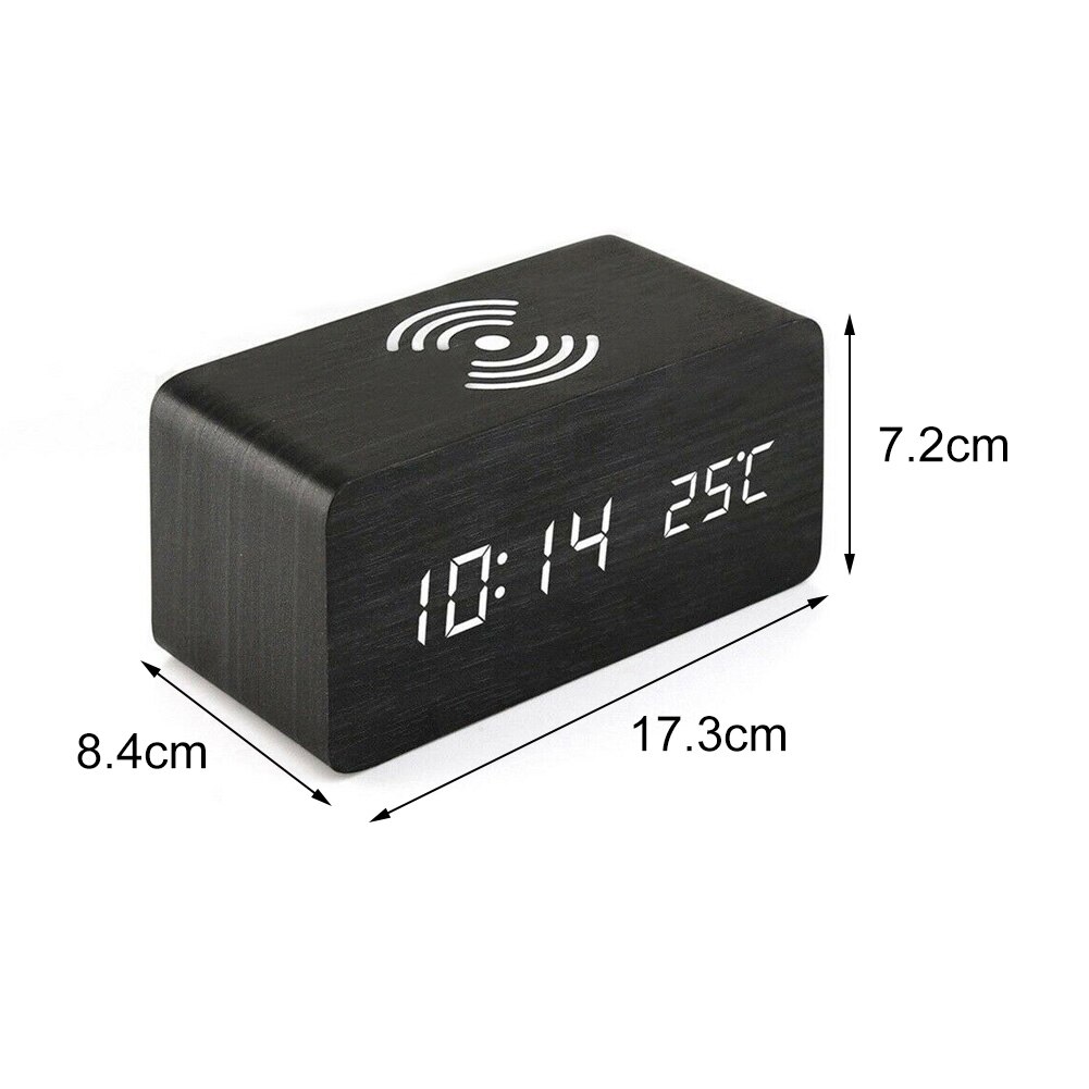 Đồng hồ LED để bàn giả gỗ CAO CẤP - Sạc không dây Qi wireless charger- Nhiệt kế - Báo thức - Cảm ứng âm thanh - Gỗ ĐEN led trắng