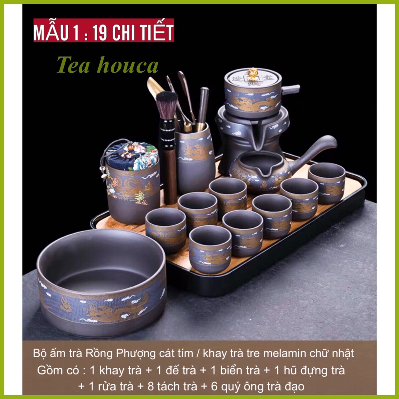 ComBo Khay + Bộ Ấm Chén Trà Cối Xay Tự Động Rồng Phượng Gốm Sứ ,Cát Tím cao cấp Độc Đáo ,19, 18, Chi Tiết