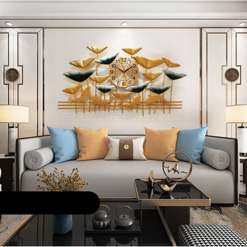 Đồng Hồ Treo Tường Trang Trí Nghệ Thuật Lá Sen Cá Chép Vàng Tượng Trưng Cho Sự Phú Quý Quyền Lực Senhomes