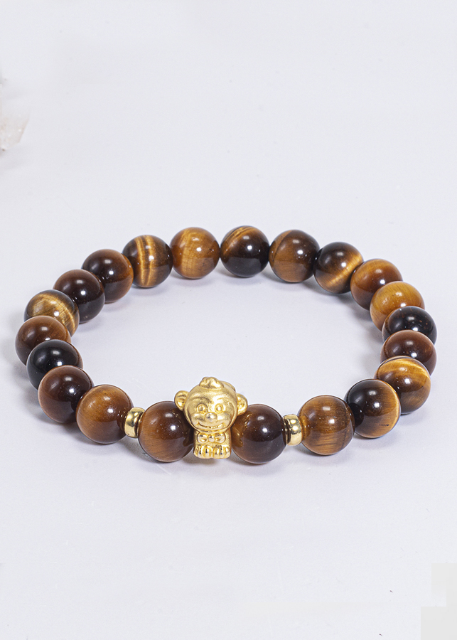 Vòng Tay Phong Thủy Đá Mắt Hổ Vàng Nâu Phối Charm Tuổi Thân Bạc Mạ Vàng 24K Mệnh Thổ, Kim Ngọc Quý Gemstones