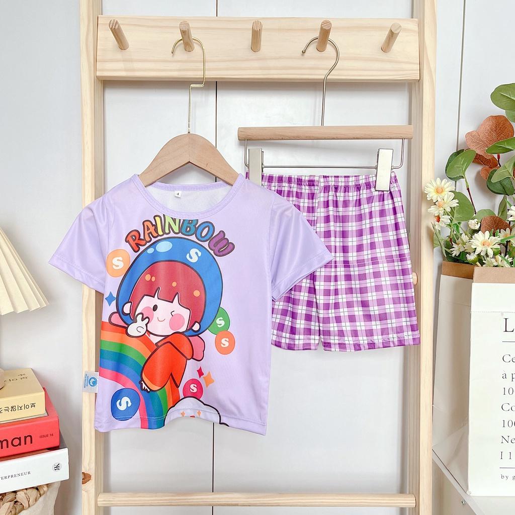 Bộ quần áo bé gái quần caro in 3D chất vải sill lạnh không nhăn k chảy xệ thoáng mát từ 12kg đến 30kg