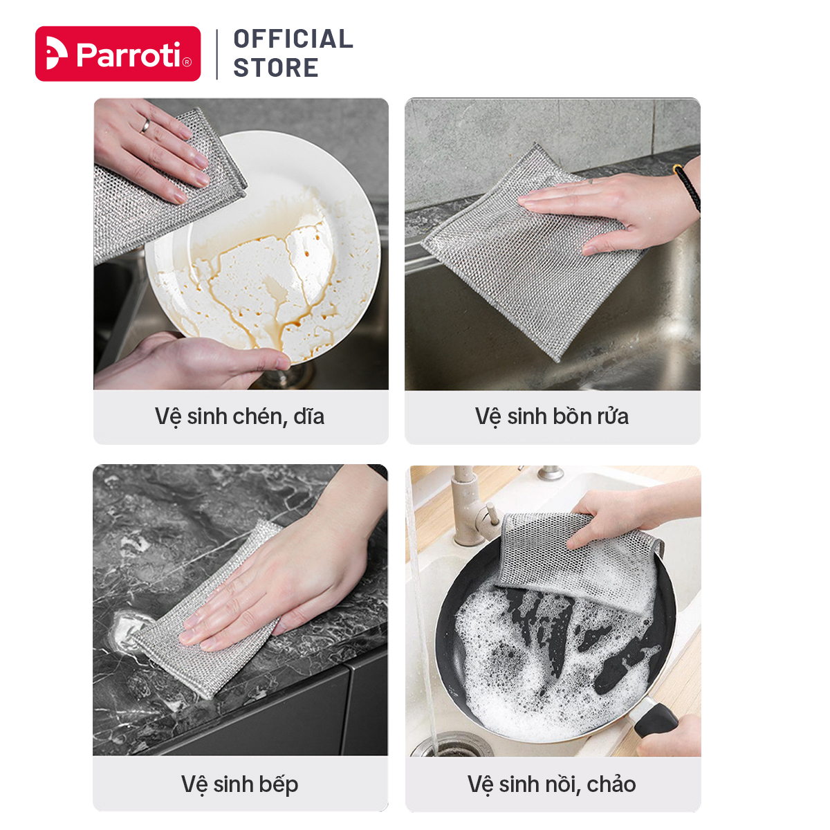 Khăn Lưới Rửa Chén Bát, Lau Bếp Sợi Kim Loại, Miếng Cọ Rửa Đa Năng, Giẻ Rửa Bát Đĩa, Xong Nồi 2 Trong 1 Parroti CA01