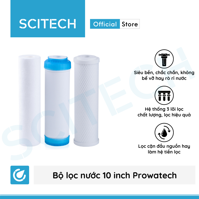 Bộ lọc nước sinh hoạt, bộ ba lọc thô 10 inch Prowatech by Scitech (3 cấp lọc) - Hàng chính hãng