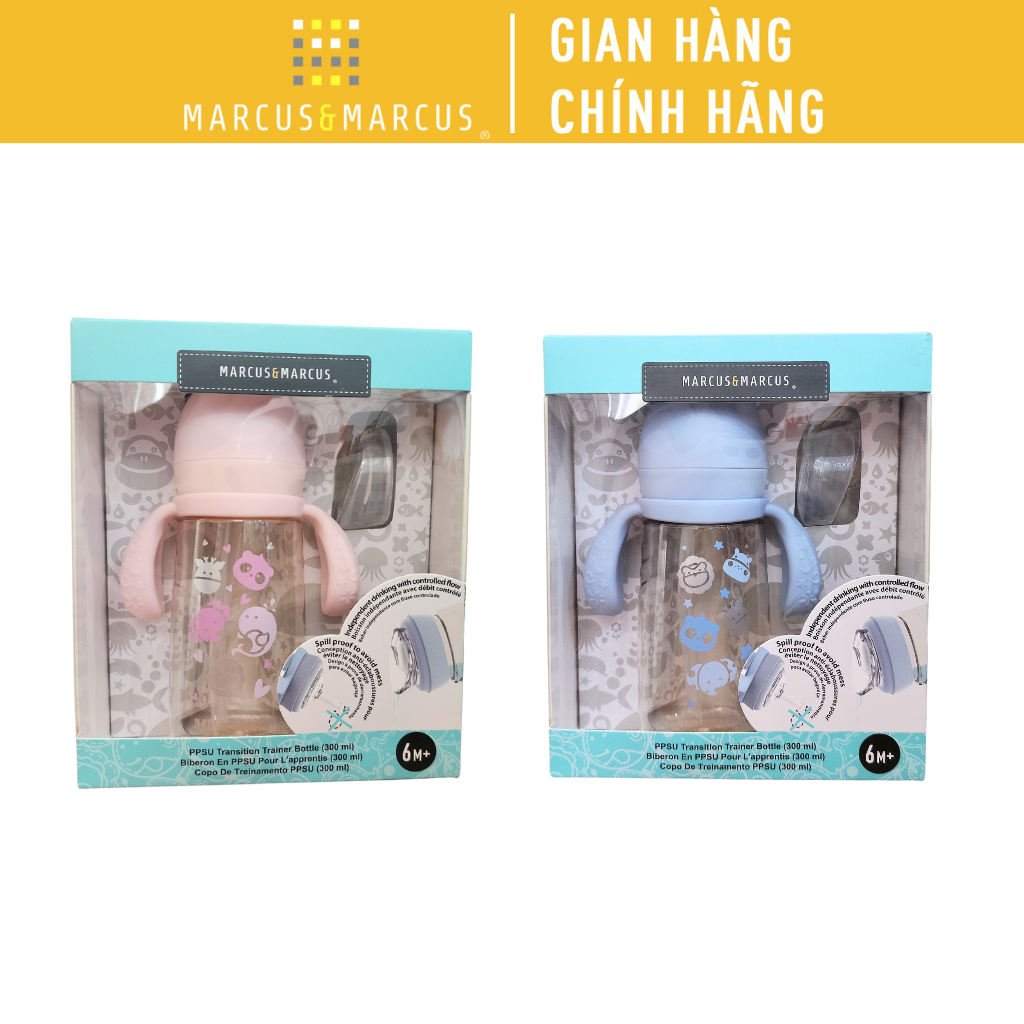Bình Tập Uống Chuyển Tiếp PPSU  Marcus &amp; Marcus 300ml Cho Bé Từ 6 Tháng – Xanh, Hồng