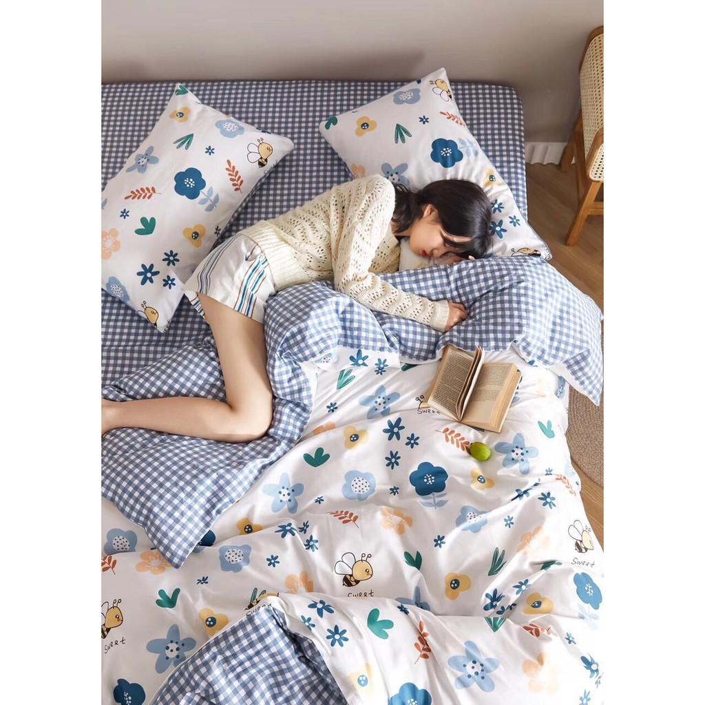 Bộ chăn ga gối Cotton poly M2T bedding Hoa ong xanh, vỏ chăn mền, drap giường và 2 vỏ gối