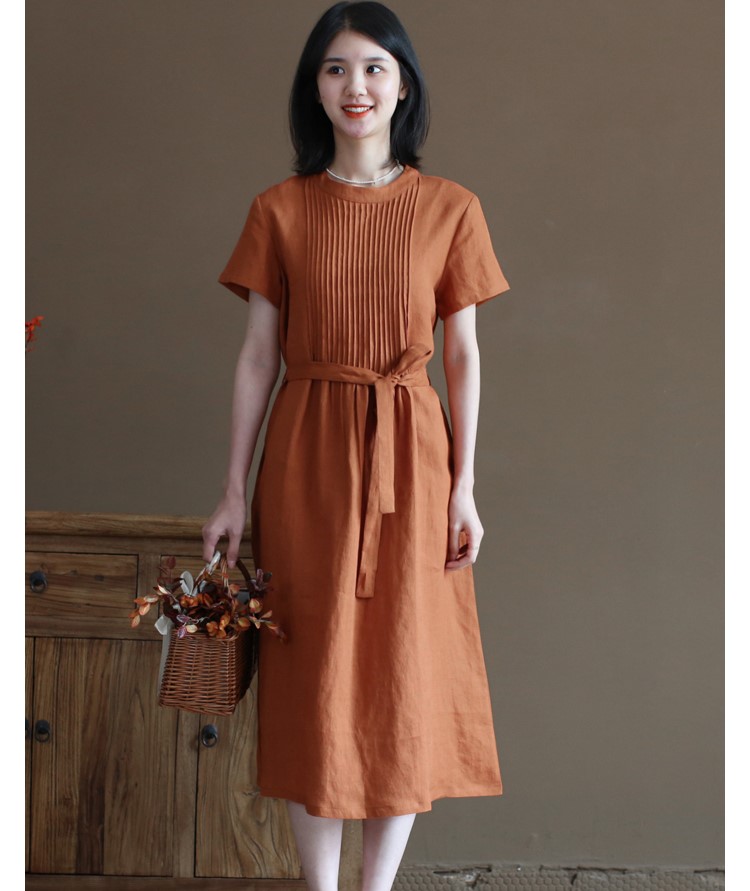 Hình ảnh Đầm linen suông thiết kế , Đầm váy nữ dáng dài cổ tròn, ngắn tay eo có dây thắt Haint Boutique Da191