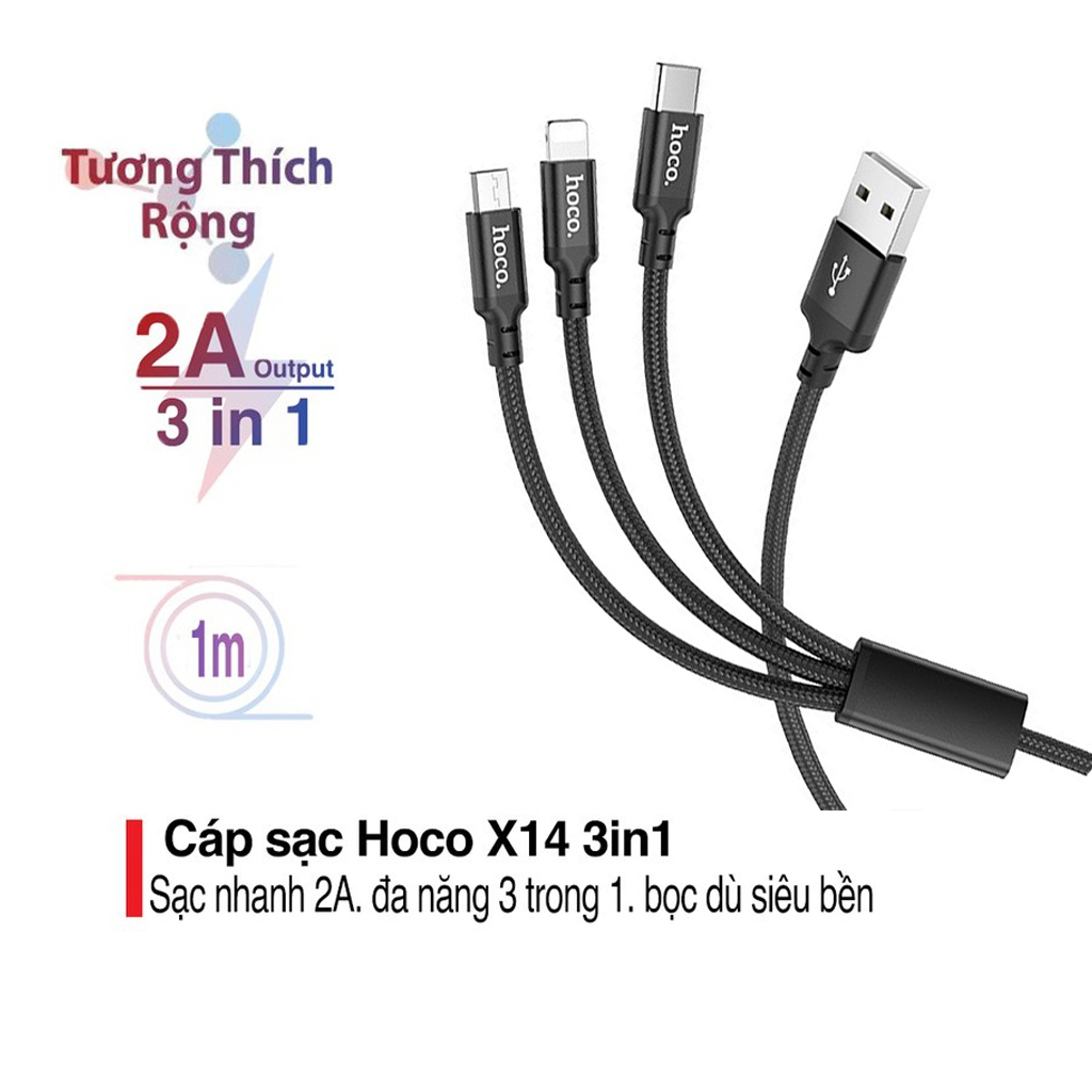 Cáp sạc nhanh 2.4A Hoco X14 dây tròn kết nối Type-C/Micro/iPhone dài 1M cho Smartphone ( 2 màu ) - Hàng chính hãng