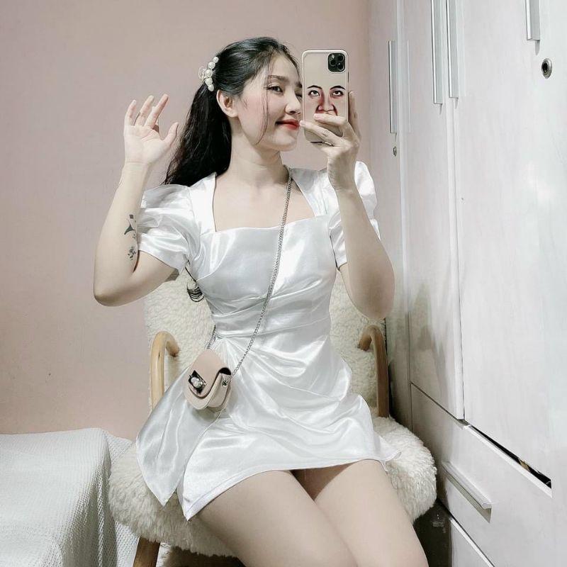 Đầm dự tiệc trắng đỏ bèo hông
