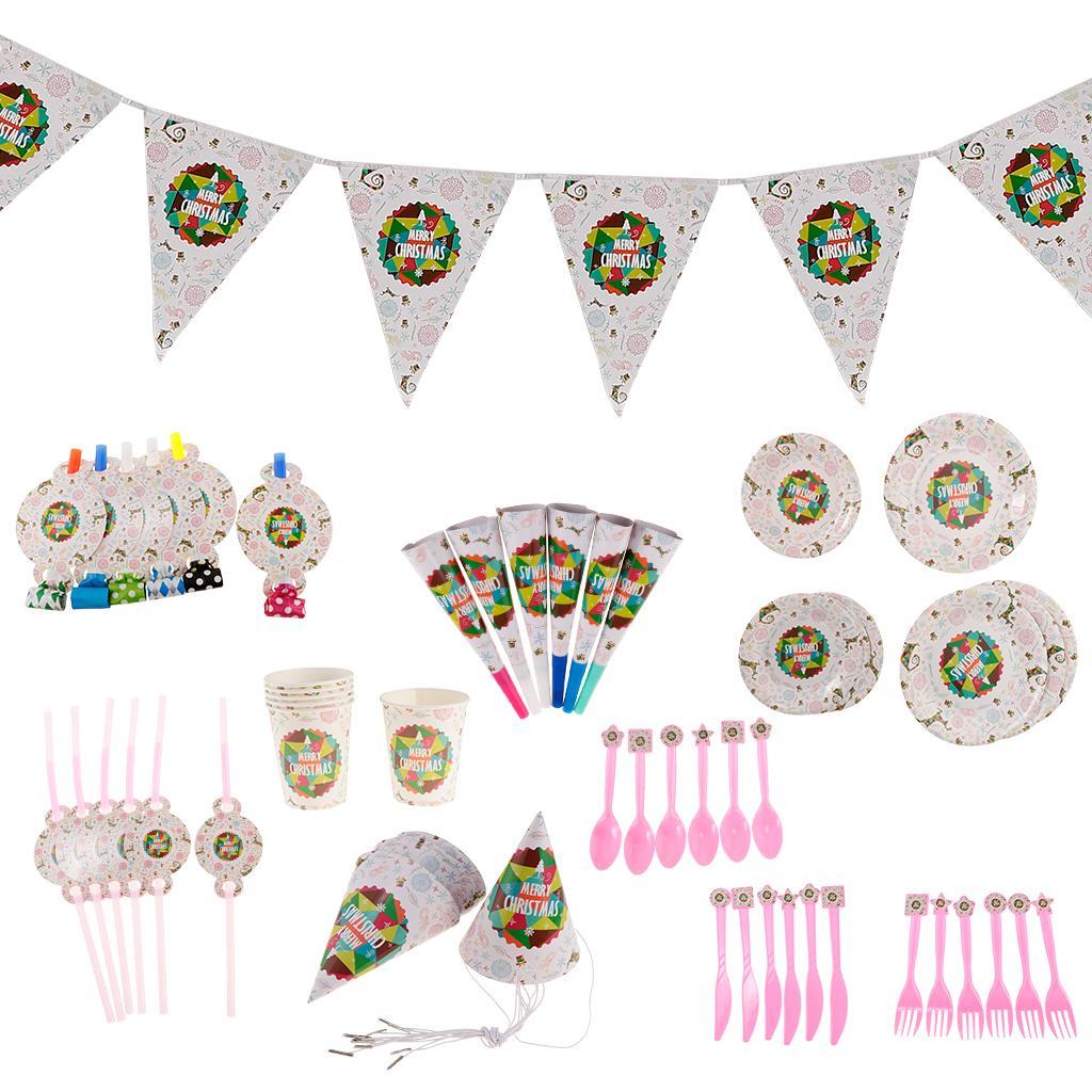 11 Set Merry Christmas Banner Plates Cups Tableware Sets for Christmas Party