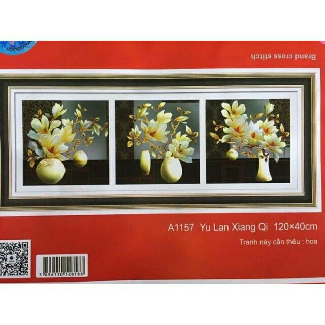 Tranh thêu chữ thập 3D Bình Hoa 3 Bức chưa thêu