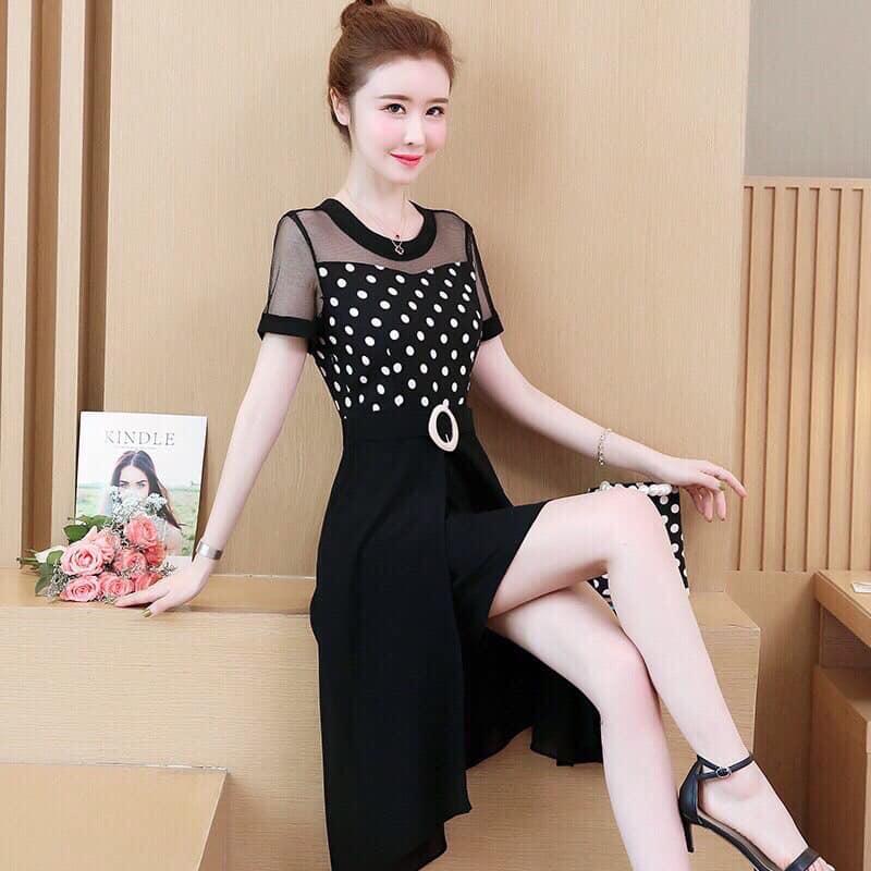 Đầm xòe midi chấm bi phối chân váy voan siêu xinh - VN261851