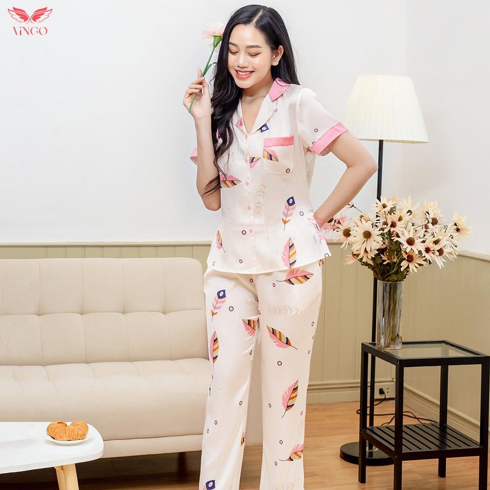 Vingo Pijama đồ bộ mặc nhà dáng dài lụa Pháp cao cấp họa tiết lông vũ H234 VNGO