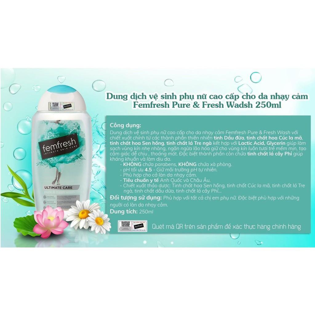 Dung dịch vệ sinh cao cấp cho da nhạy cảm Femfresh Pure &amp; Fresh Wash 250ml - Xanh Lá