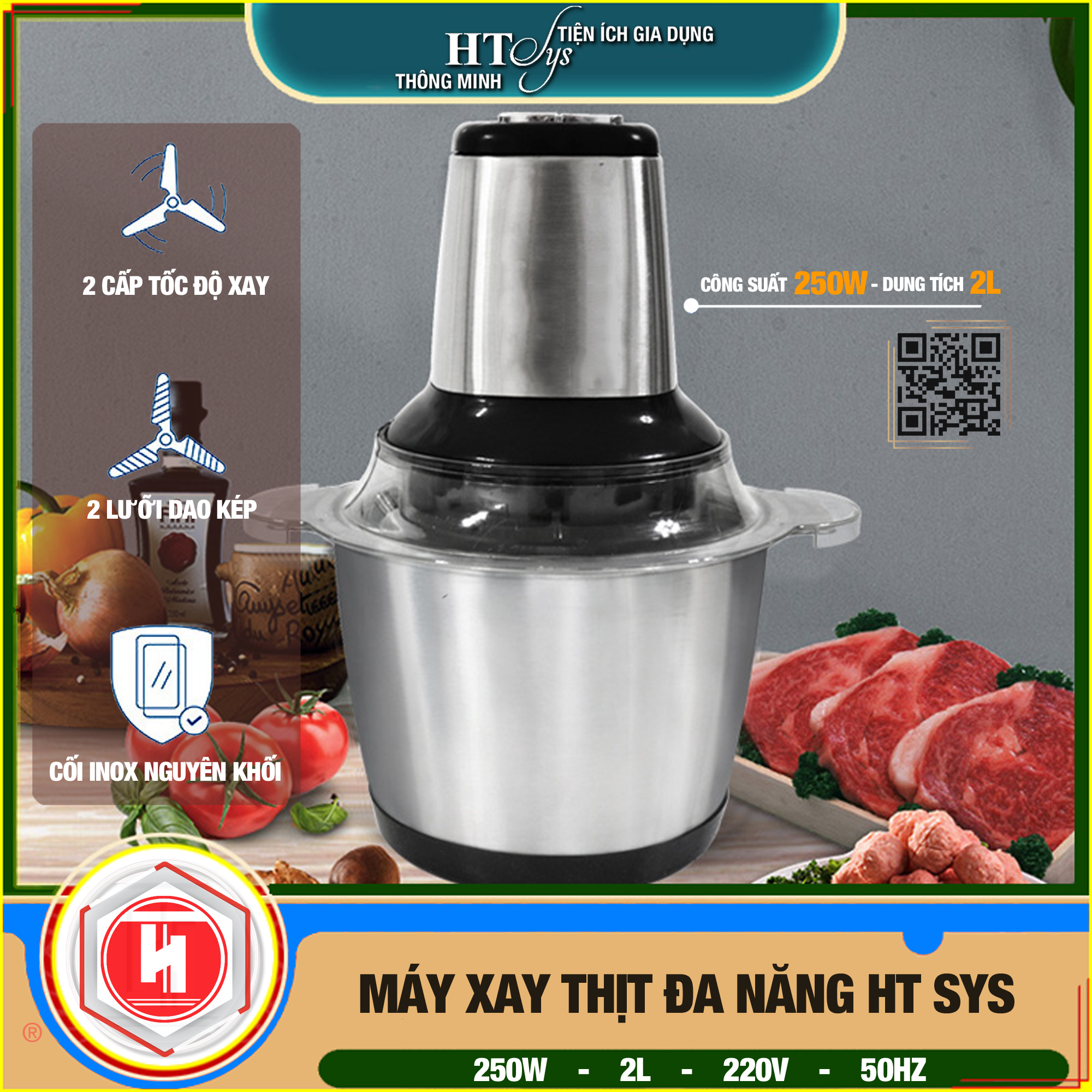 Máy xay đa năng  HT SYS - ZHU0QIAO -300W - Máy Xay Hành, Tỏi, Rau Củ ,Thịt Dung Tích 2L - 4 Lưỡi dao - Cối inox 304 - Hàng Nhập Khẩu