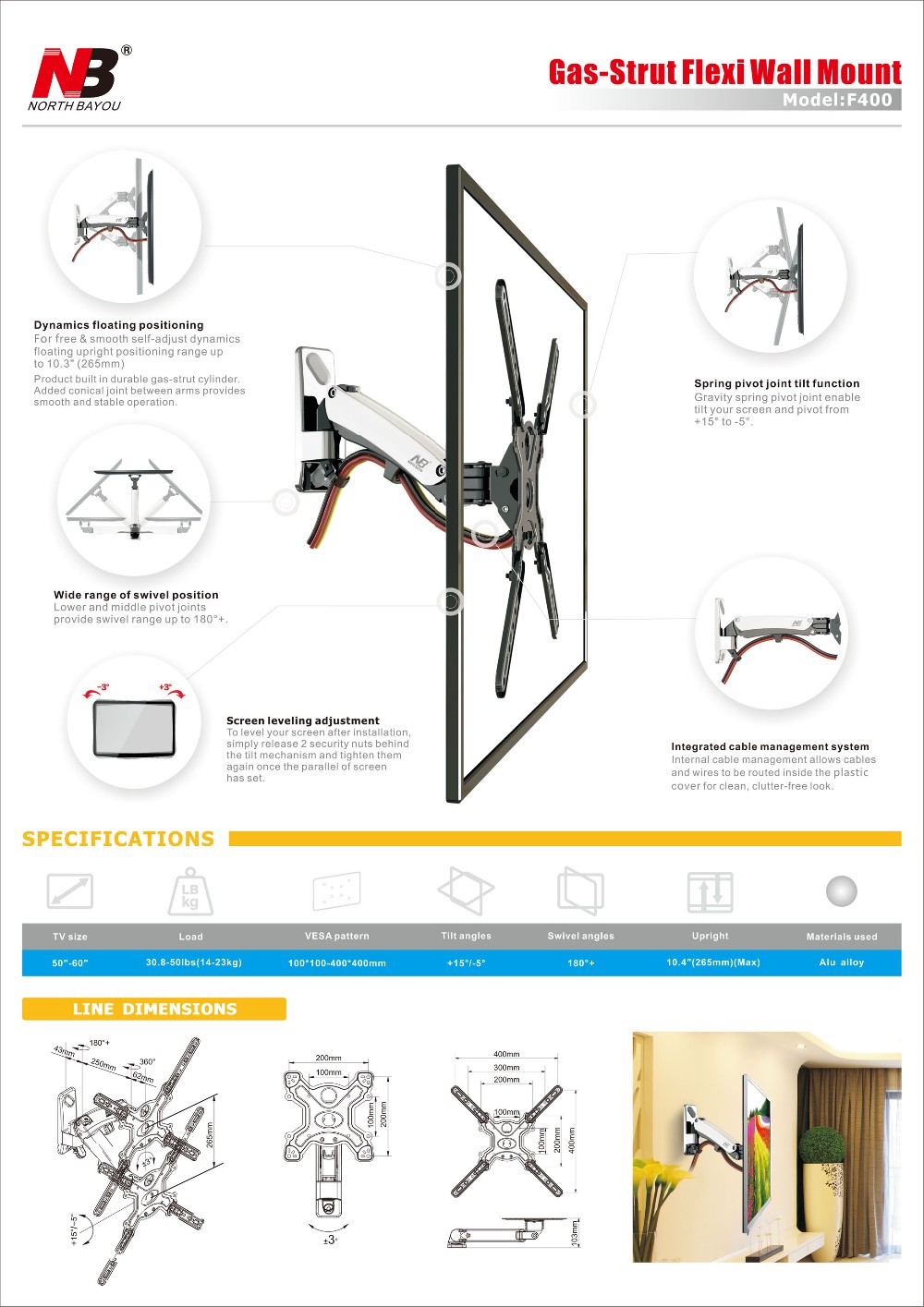 Giá treo tivi tường F400 nâng lên hạ xuống được, Dùng cho tivi 50-60 inch , hàng nhập khẩu