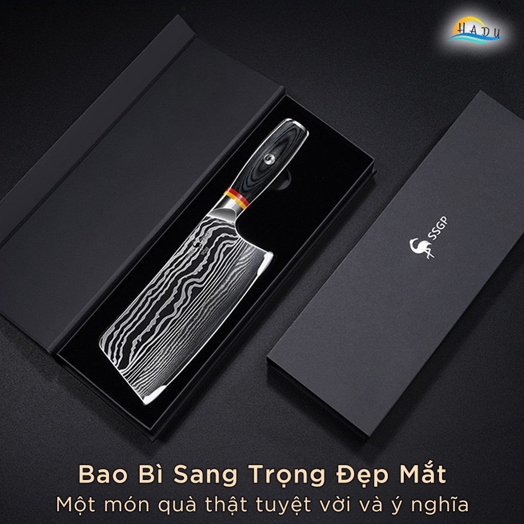 Dao Chặt Xương Thịt Gà Bò Giò Heo Kiểu Nhật Bản Cao Cấp Thép Damascus Đạt Chất Lượng LFGB Đức SSGP