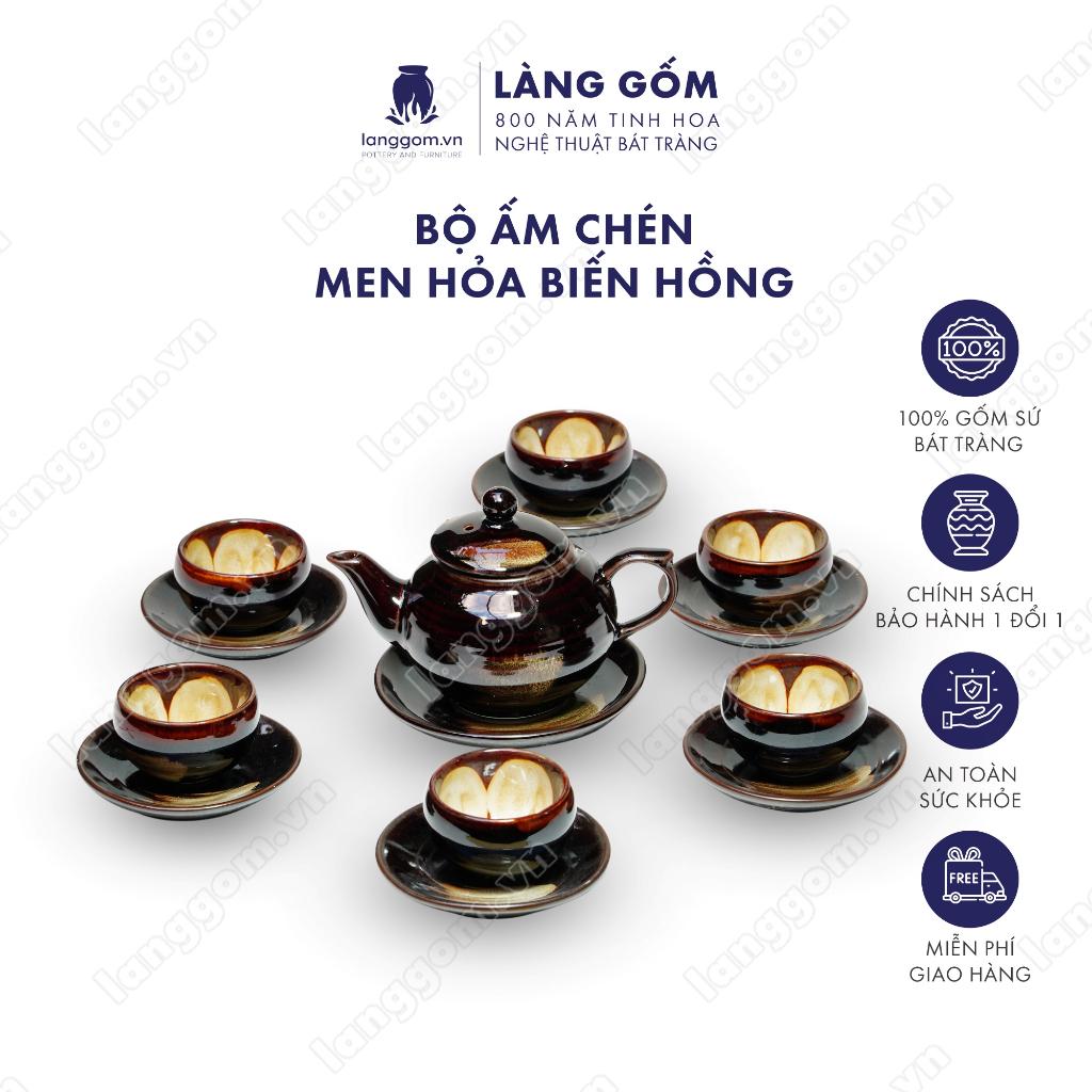 Bộ ấm chén Men hỏa biến hồng - Gốm sứ Bát Tràng - Làng Gốm