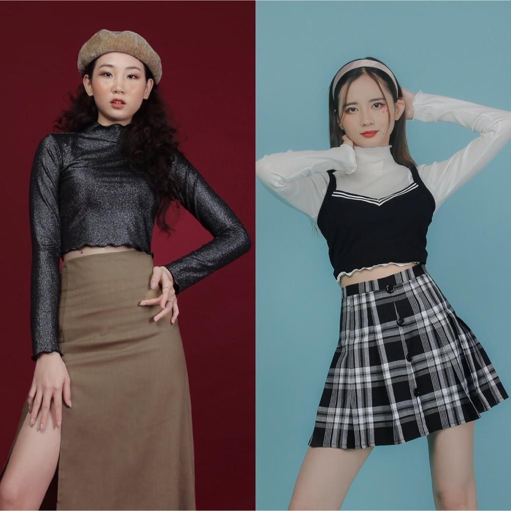 Áo thun cổ lọ ôm croptop tay dài màu trắng - xám Dalla