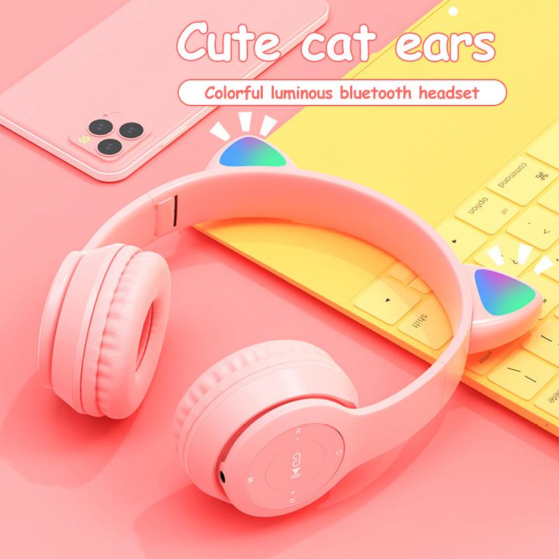 Wireless Headphones Cat Ear With Mic Bluetooth Cool Glow Light Stereo Bass Helmets Kids Gamer Girl Gifts