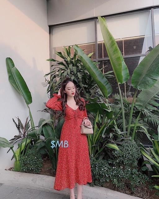 Đầm hoa vintage rút ngực thiết kế