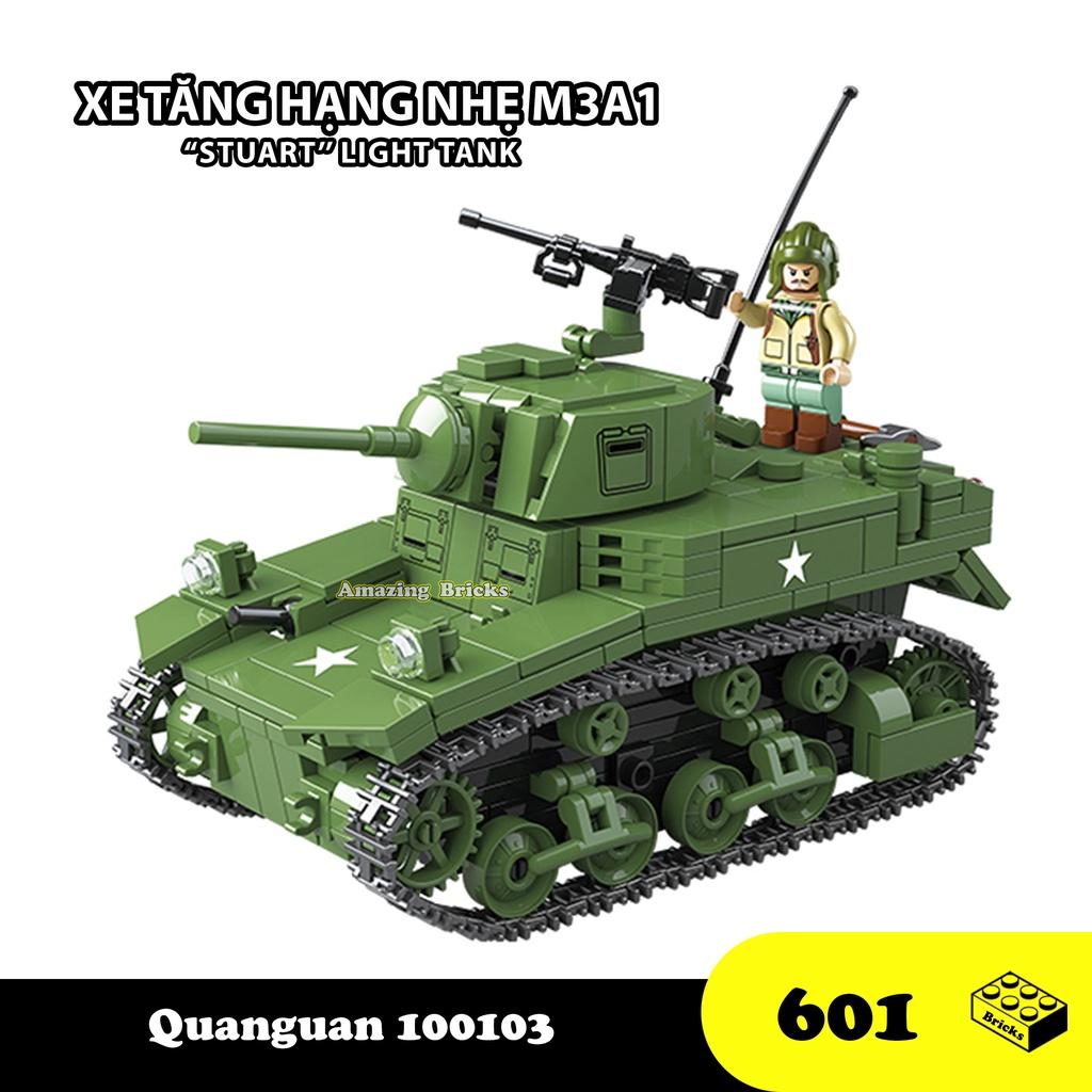 Đồ chơi Lắp ráp Xe Tăng hạng nhẹ M3A1, Quanguan 100103 Light tank, Xếp hình thông minh, Mô hình xe tăng