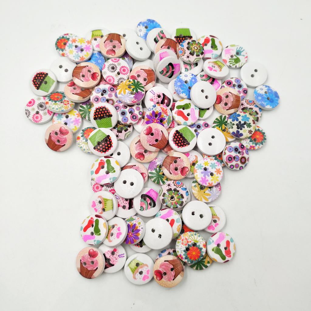 100pcs Mixed 2 Holes Wood Round Buttons for Sewing Scrapbooking Crafts 15mm