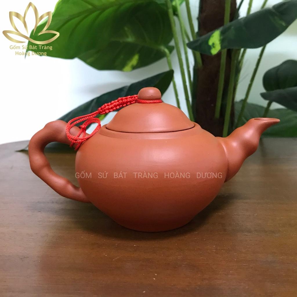 Bộ ấm chén đất nung Bát Tràng khắc hoa Phù dung đỏ 280ml