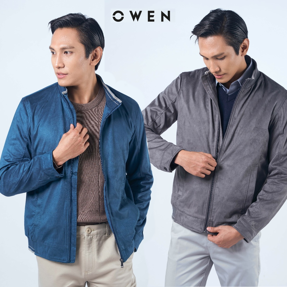 OWEN - Áo khoác nam da lộn 2 lớp màu xanh / màu ghi