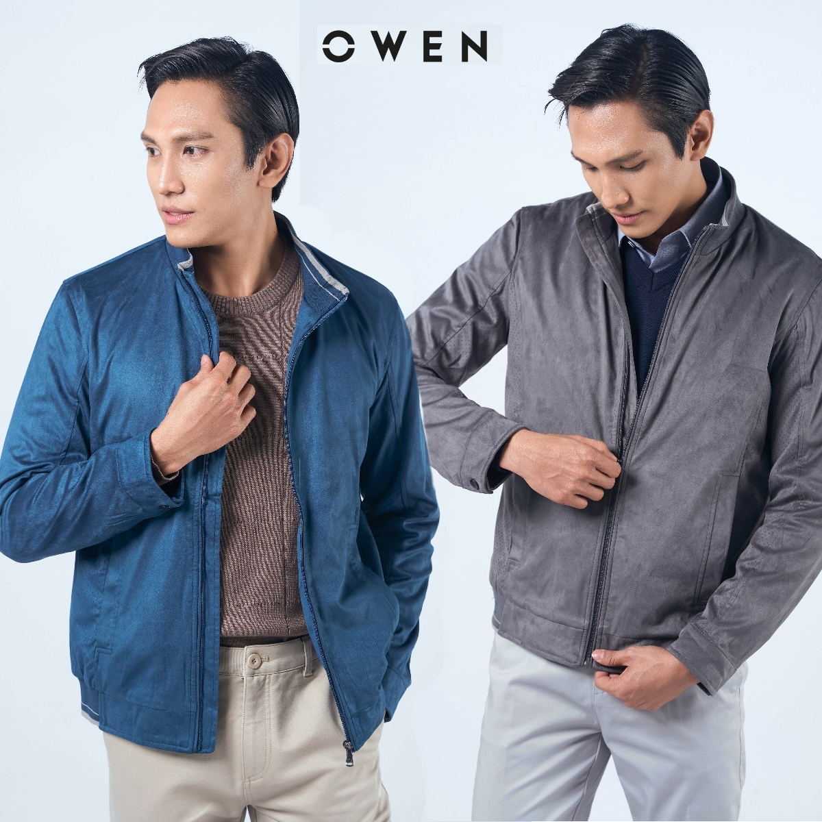 Hình ảnh OWEN - Áo khoác nam da lộn 2 lớp màu xanh / màu ghi