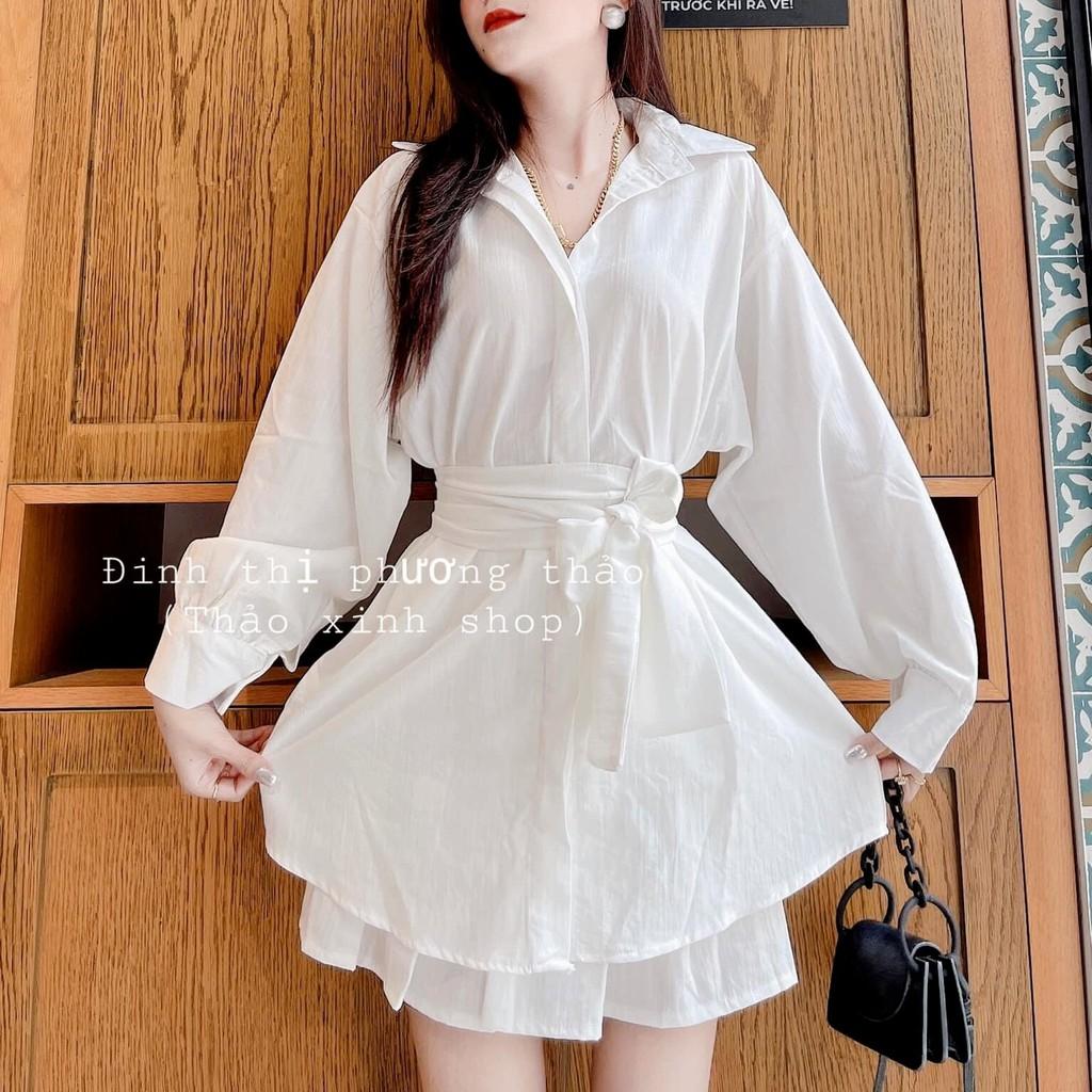 Áo Sơ Mi Và Chân Váy Tennis Trắng Áo Sơ Mi Nữ Trắng Dài Tay Có Đai Eo Chân Váy Tennis Có Quần Trong LANI SHOP