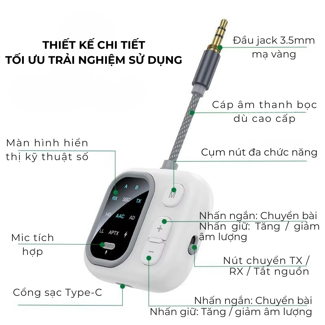 Bộ Thu Và Phát Âm Thanh Bluetooth aptX HiFi AUX 3,5mm Cho TV, PC, Xe Hơi, loa Bluetooth Và Tai Nghe J5S - Hàng Nhập Khẩu