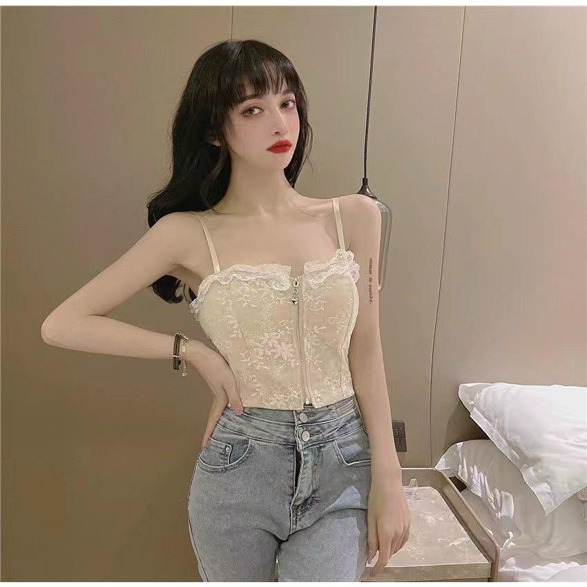 Áo corset - áo bra nữa có gọng và mút kéo khóa, ren phối họa tiết sexy Cao Cấp