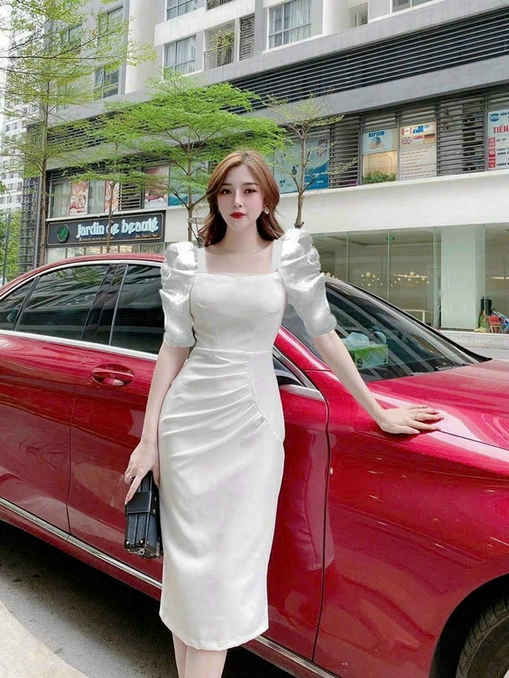 [Hàng thiết kế] Đầm body nhún eo tay phồng xếp ly cổ vuông, đầm dự tiệc thun nhập cap cấp