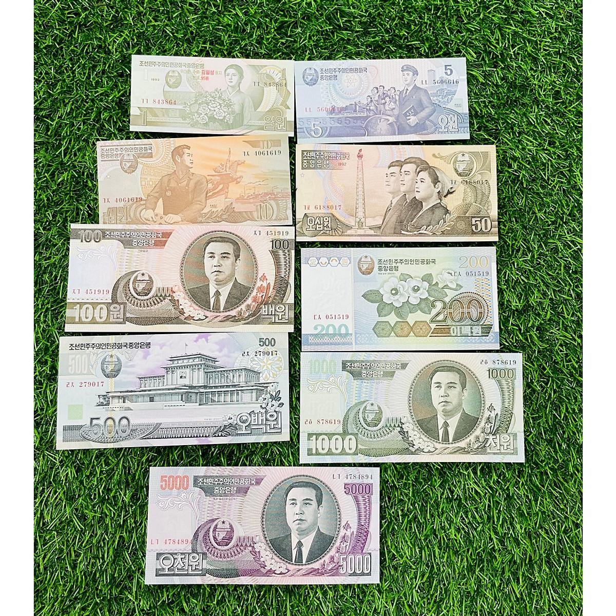 Bộ tiền Bắc Triền Tiên xưa năm 1992, gồm 9 tờ từ 1 - 5000 Won, mới 100% UNC, tặng phơi nilon bảo quản