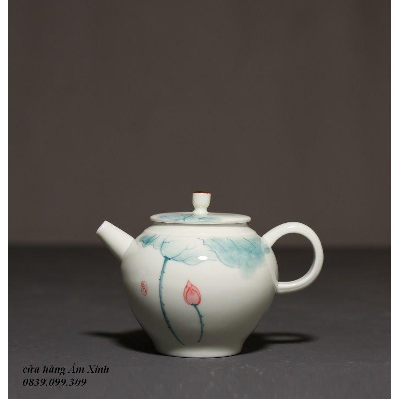 Ấm trà sứ trắng 150ml- Ngọc bảo liên đăng- hoạ tiết vẽ tay thủ công, ấm mới 100