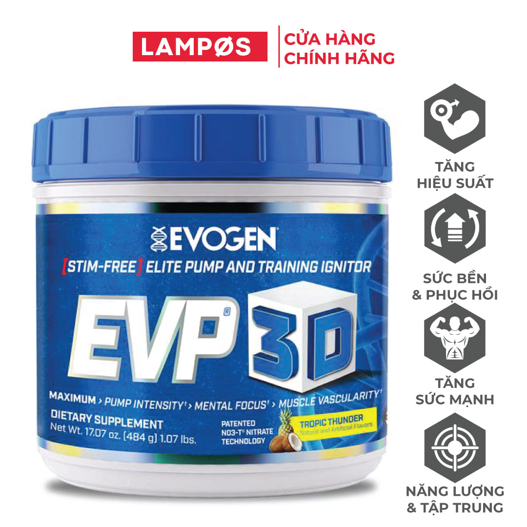 Evogen EVP-3D, Pre-Workout Hỗ Trợ Tập Trung Năng Lượng Trước Tập, Sức Mạnh &amp; Sức Bền, Không Chứa Caffeine, Hộp 40 Lần Dùng
