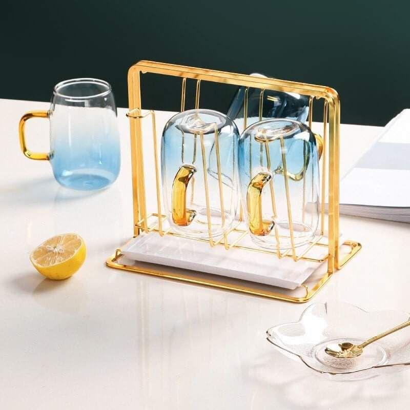 Giá úp ly, úp cốc mạ vàng kèm khay hứng nước