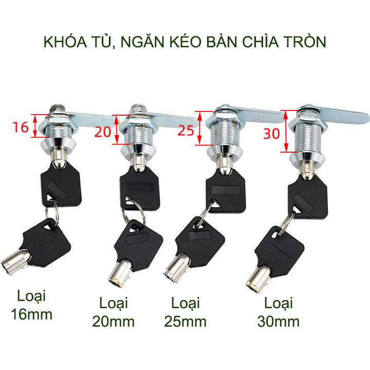 Khóa cửa tủ, ngăn kéo bàn với chìa khóa tròn an toàn, loại dài 16-20-25-30mm tùy chọn