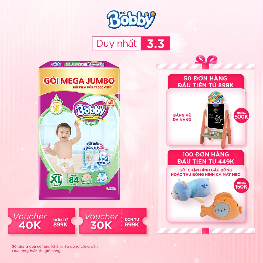 [Tặng thêm 4 miếng] Tã/bỉm quần Bobby 3mm Gạo non XL84