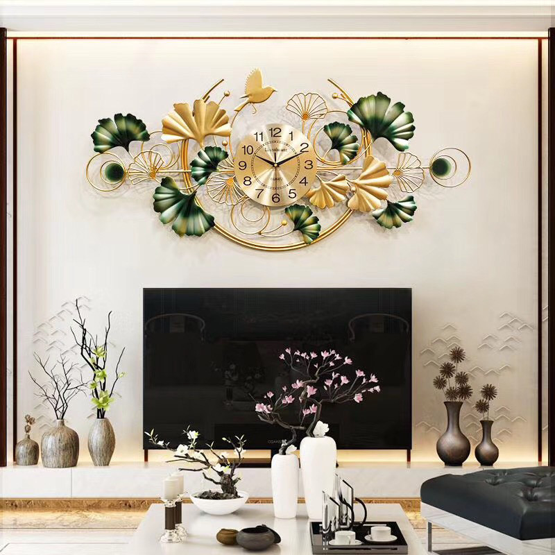 Đồng Hồ Treo Tường Nghệ Thuật Decor Lá Giko Vàng Xanh May Mắn Kích Thước 100*60cm