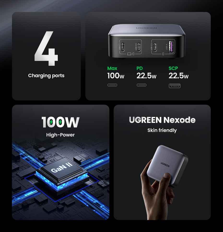 Ugreen UG90928CD328TK 100W Màu Đen Bộ sạc nhanh Nexode chip GaN gồm 2 cổng USB-C + 2 cổng USB-A kèm dây cápnguồn dài 2M chuẩn cắm EU - HÀNG CHÍNH HÃNG