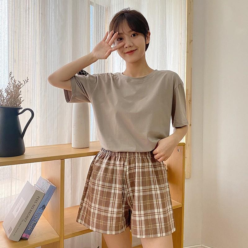 Bộ đồ nữ mặc nhà mùa hè mặc nhà kẻ dễ thương phiên bản Hàn Quốc