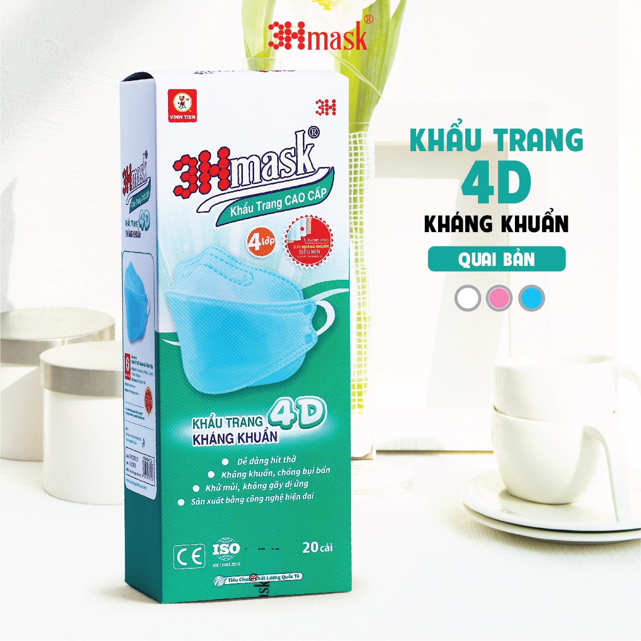 [Thùng 25 hộp] Khẩu Trang 3Hmask 4D Quai Bản (20 cái x 25 hộp