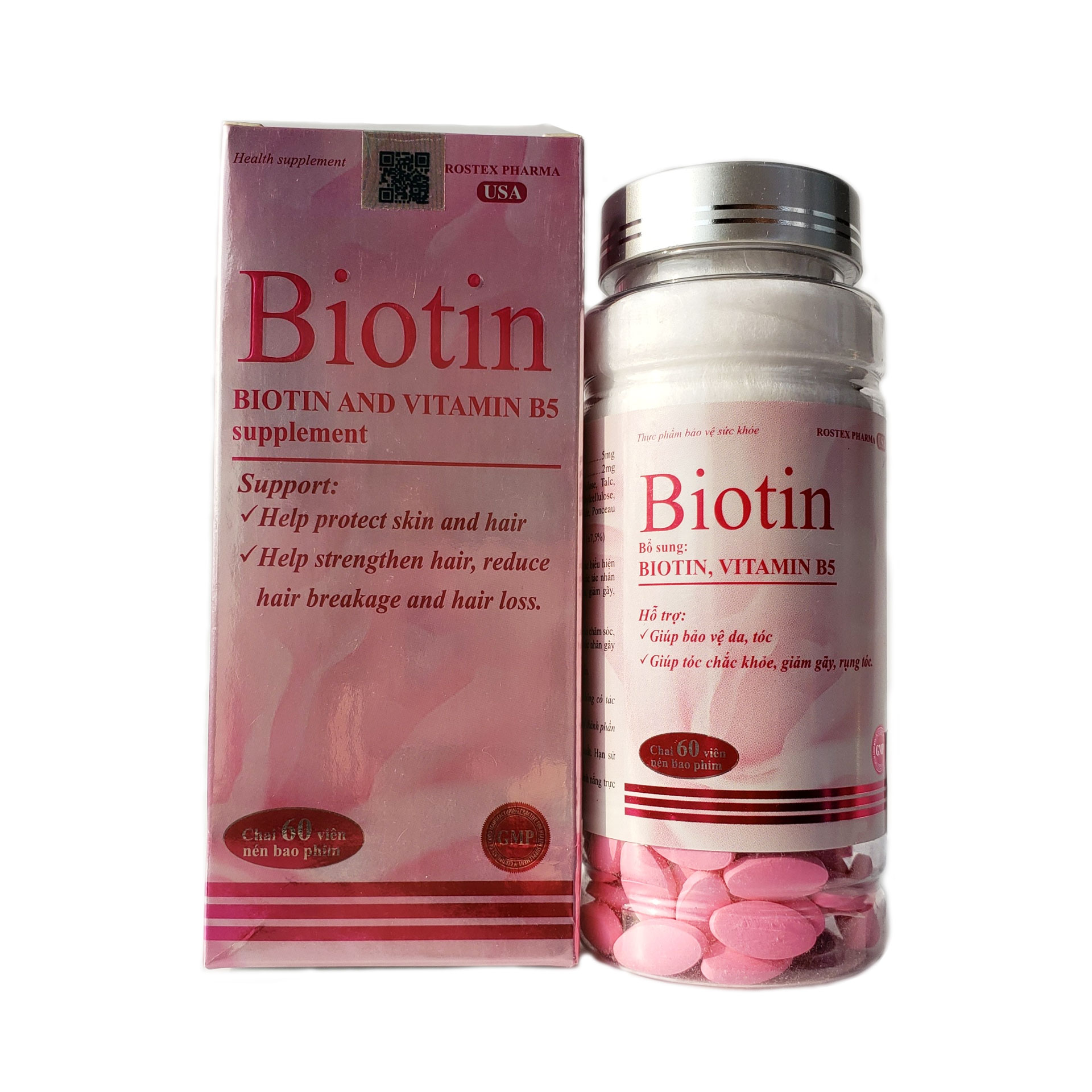 Viên uống bổ sung Biotin Vitamin B5 giúp bảo vệ da chăm sóc tóc Rostex Hộp 60 viên