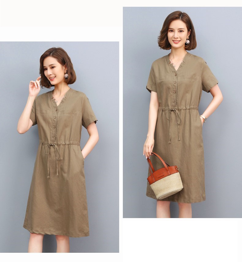 Đầm linen dáng suông cổ V 2 túi sườn, Đầm form rộng phong cách công sở Đũi Việt