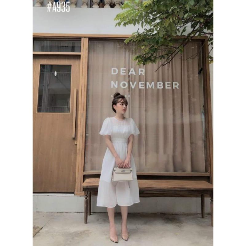 Đầm váy nữ trắng xòe tay búp phồng TKN