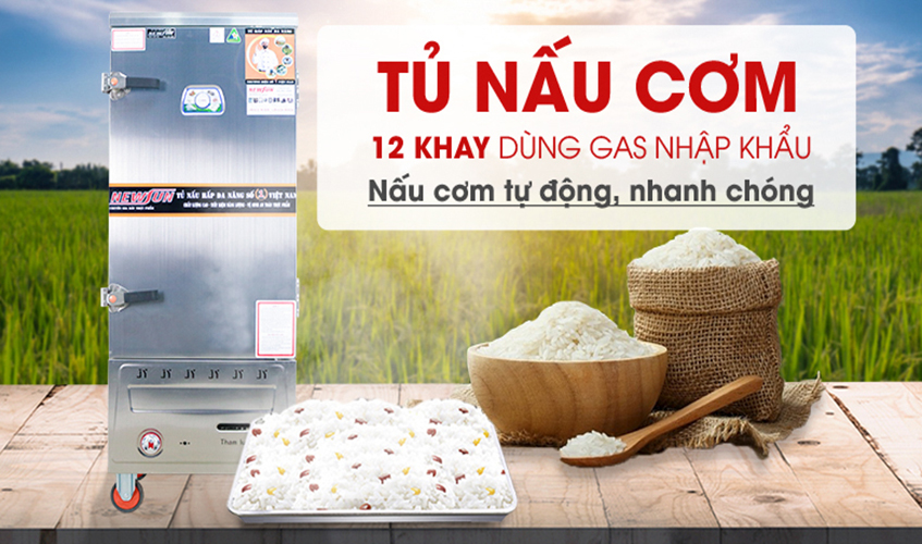 Tủ Nấu Cơm 36 Kg Gạo/ Mẻ Bằng Gas 12 Khay Nhập Khẩu NEWSUN - Hàng Chính Hãng